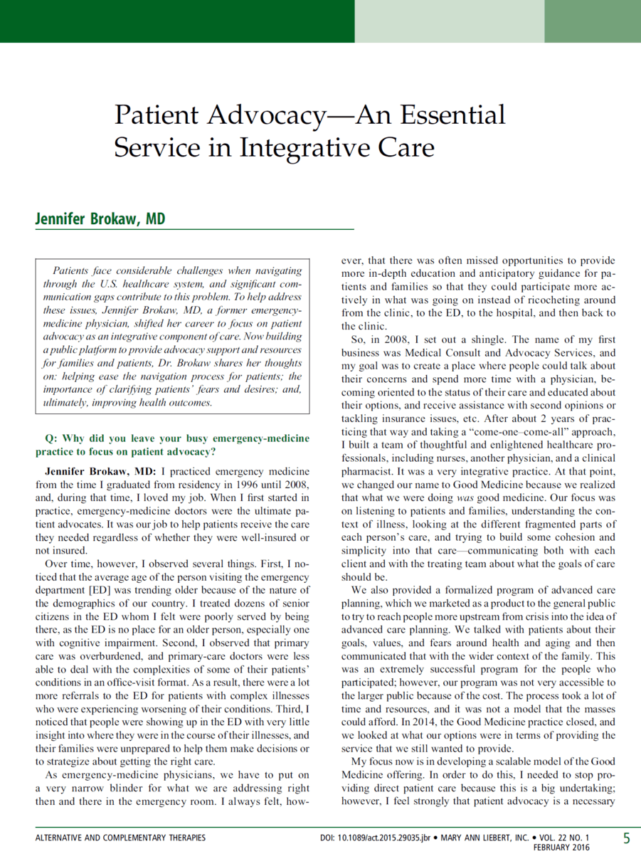 Patient Advocates are Essential in Integrative Care